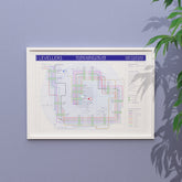The Levellers discography tube map in A1 size, framed Giclée wall art print in white handmade Italian solid wood frame by Mike Bell.