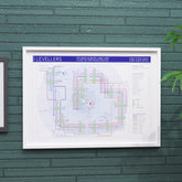 The Levellers discography tube map in A2 size, framed Giclée wall art print in white handmade Italian solid wood frame by Mike Bell.