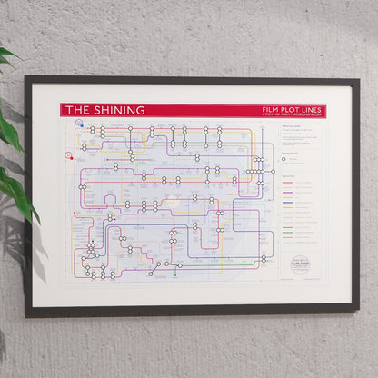Ideal gift for The Shining fans - A1 framed Giclée plot map hung on a wall, designed by Mike Bell.