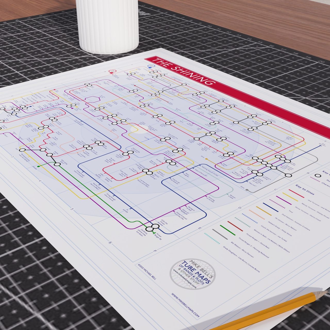 Close-up detail of The Shining plot map showing character routes and story arcs through the Overlook Hotel, ideal present for fans of The Shining, designed by Mike Bell.