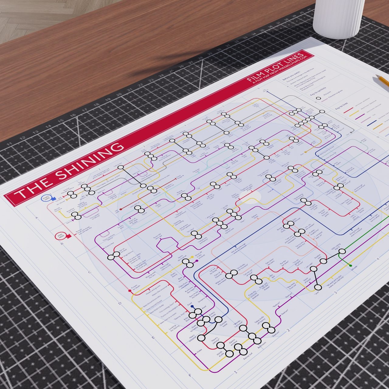 Close-up detail of The Shining plot map showing plot connections and iconic scenes from the classic horror film, ideal present for fans of The Shining, designed by Mike Bell.