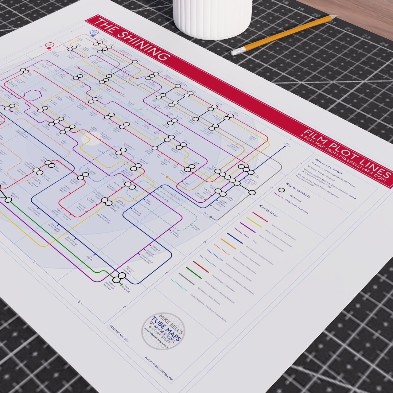 The Shining movie map print revealing intricate plot intersections and character timelines in tube map style