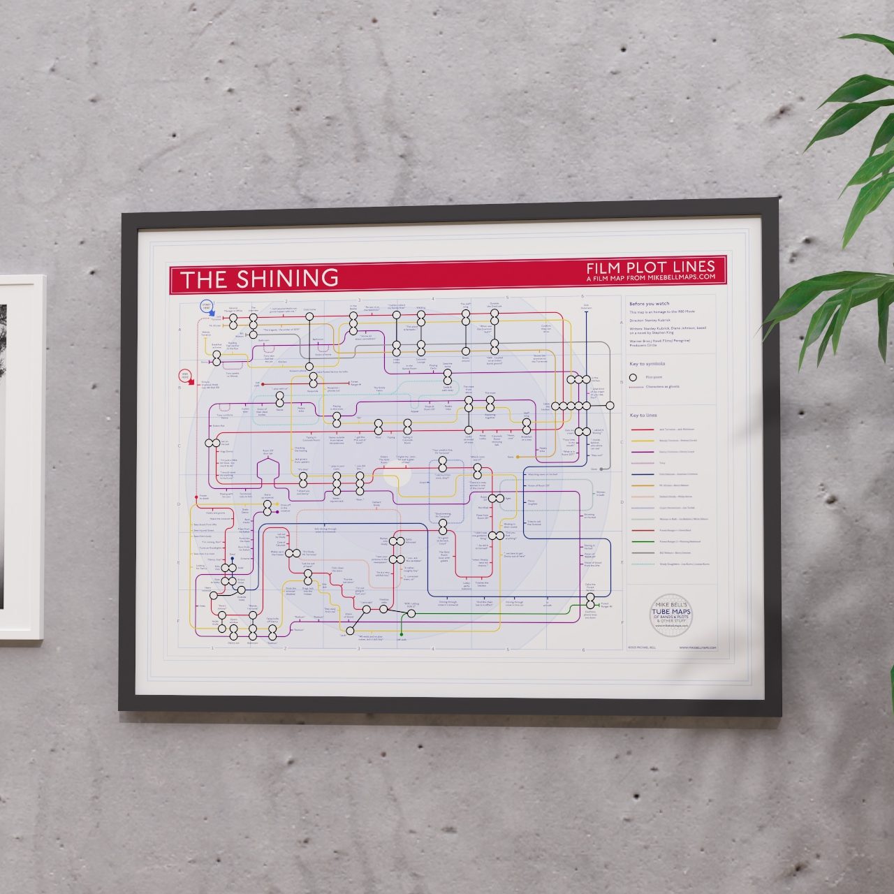 Gift for The Shining fans - 24x18in (A2 equivalent) framed Giclée plot map wall art print, designed by Mike Bell.