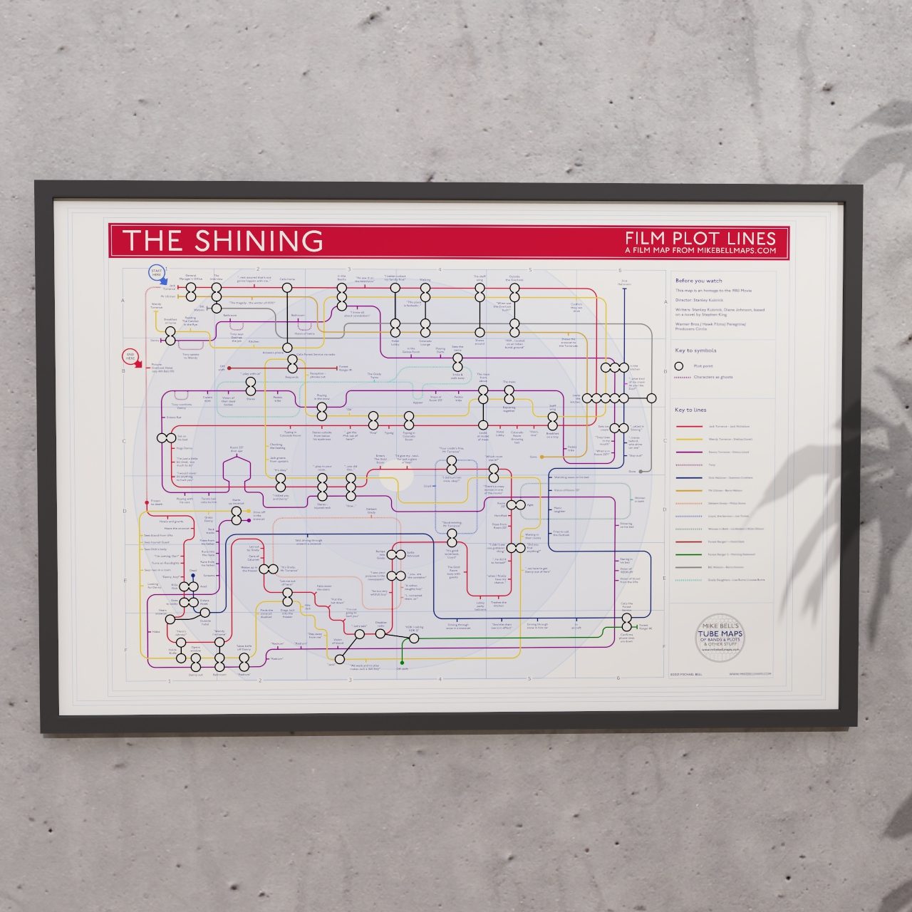 Ideal gift for The Shining fans - 36x24in framed Giclée plot map hung on a wall, designed by Mike Bell.