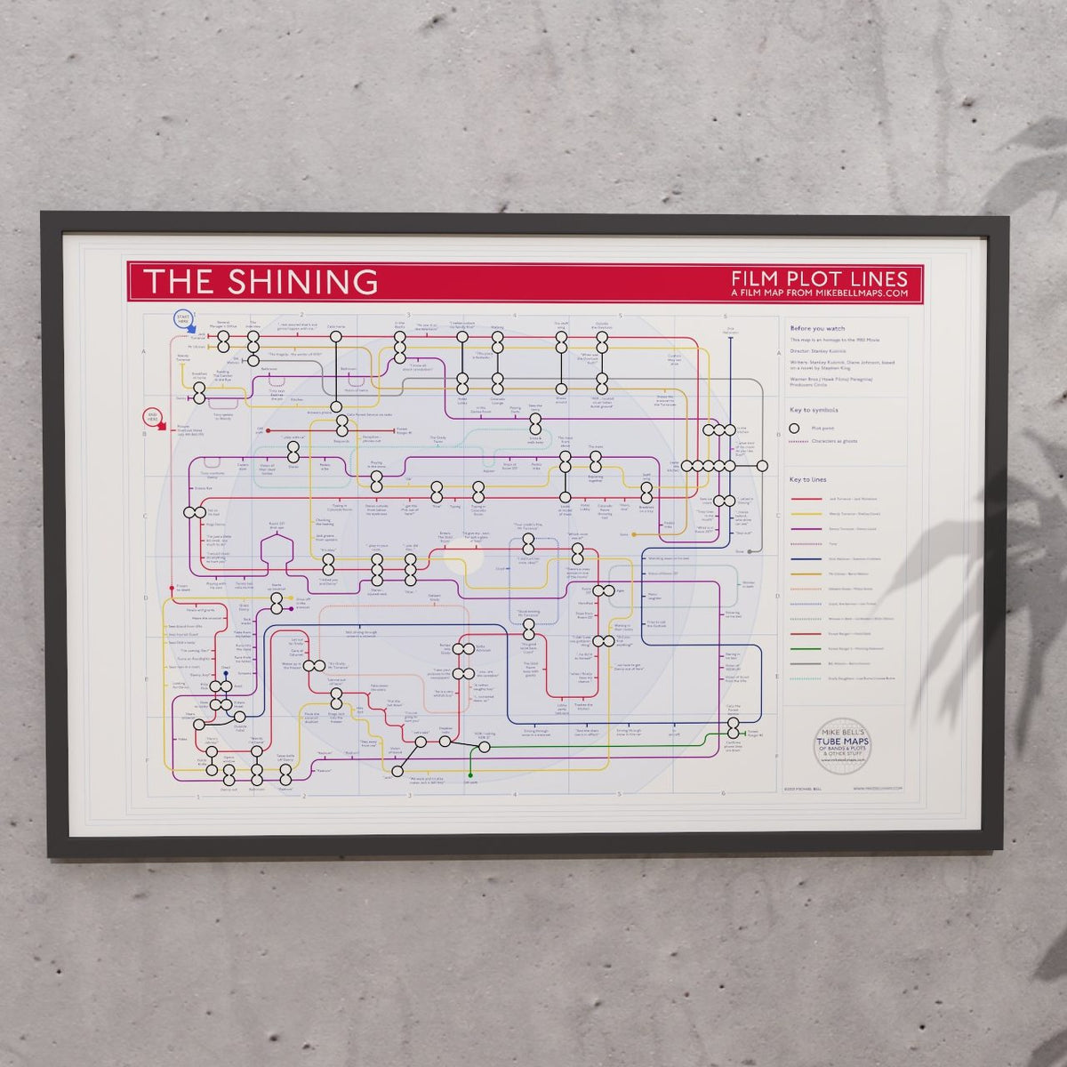 The Shining - 36x24in framed Giclée plot map hung on a wall, designed by Mike Bell.