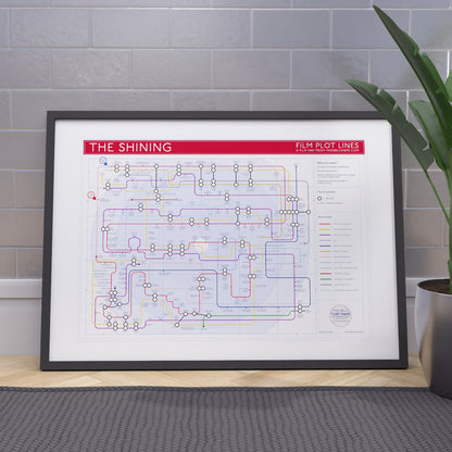 Ideal present for fans of The Shining - A1 framed Giclée plot map propped against a wall on the floor, designed by Mike Bell.