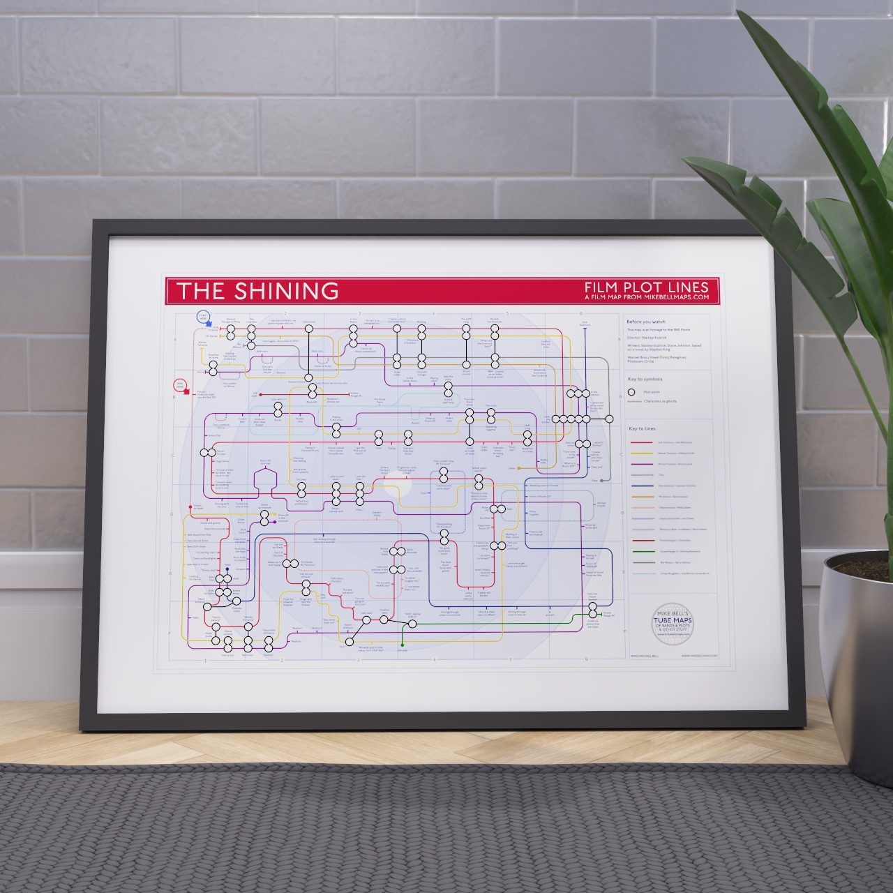 Ideal present for fans of The Shining - A1 framed Giclée plot map propped against a wall on the floor, designed by Mike Bell.
