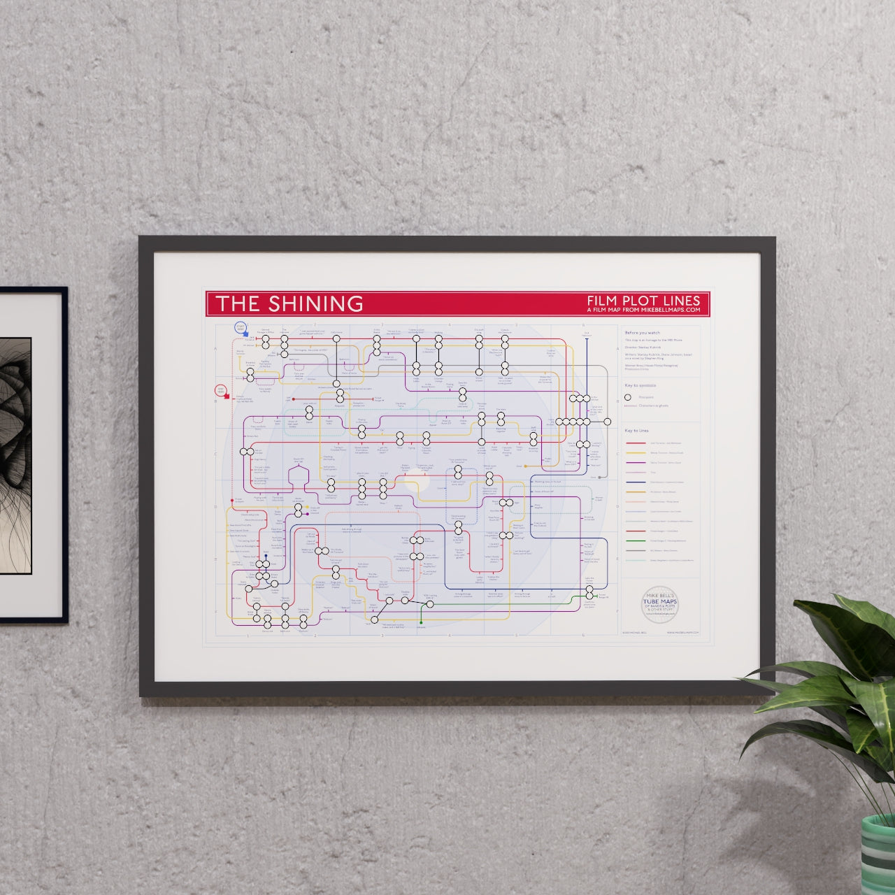 The Shining film plot tube map poster displayed as contemporary wall art, collectible gift for classic horror cinema enthusiasts