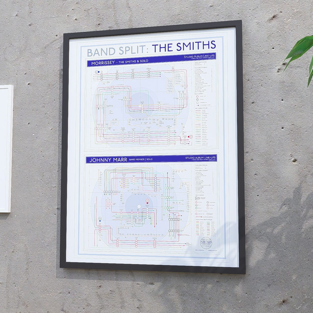 The Smiths discography map in 24x18in, framed Giclée wall art print of the four studio albums in release order with one-off contributors branching off as short spurs, by Mike Bell.