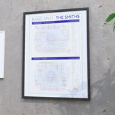 The Smiths discography map in 24x18in, framed Giclée wall art print of the four studio albums in release order with one-off contributors branching off as short spurs, by Mike Bell.