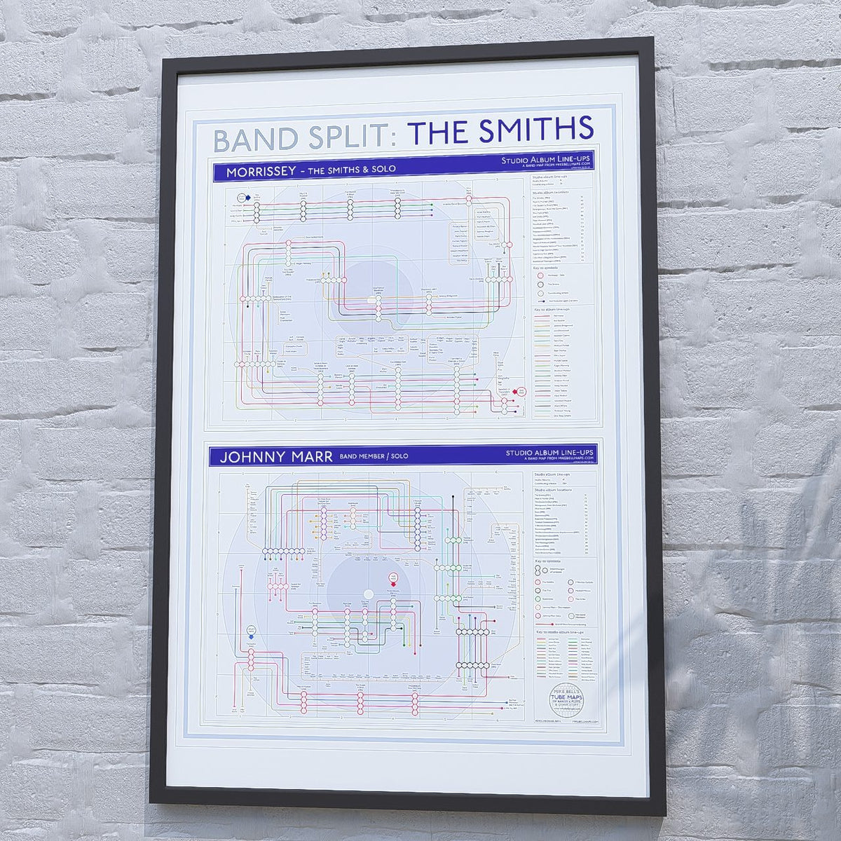 The Smiths discography map in 36x24in, framed Giclée wall art print where the Morrissey and Marr halves separate after 1987 and never rejoin, designed by Mike Bell.