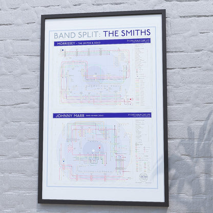 The Smiths discography map in 36x24in, framed Giclée wall art print where the Morrissey and Marr halves separate after 1987 and never rejoin, designed by Mike Bell.