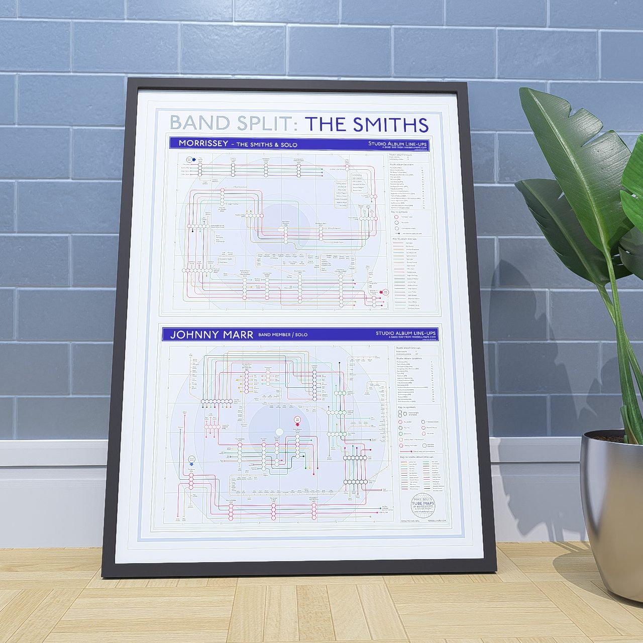 The Smiths split discography tube map in A1 portrait, framed Giclée wall art print leaning against a wall, Morrissey&