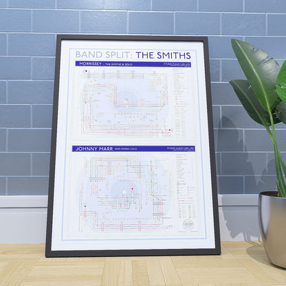 The Smiths split discography tube map in A1 portrait, framed Giclée wall art print leaning against a wall, Morrissey&