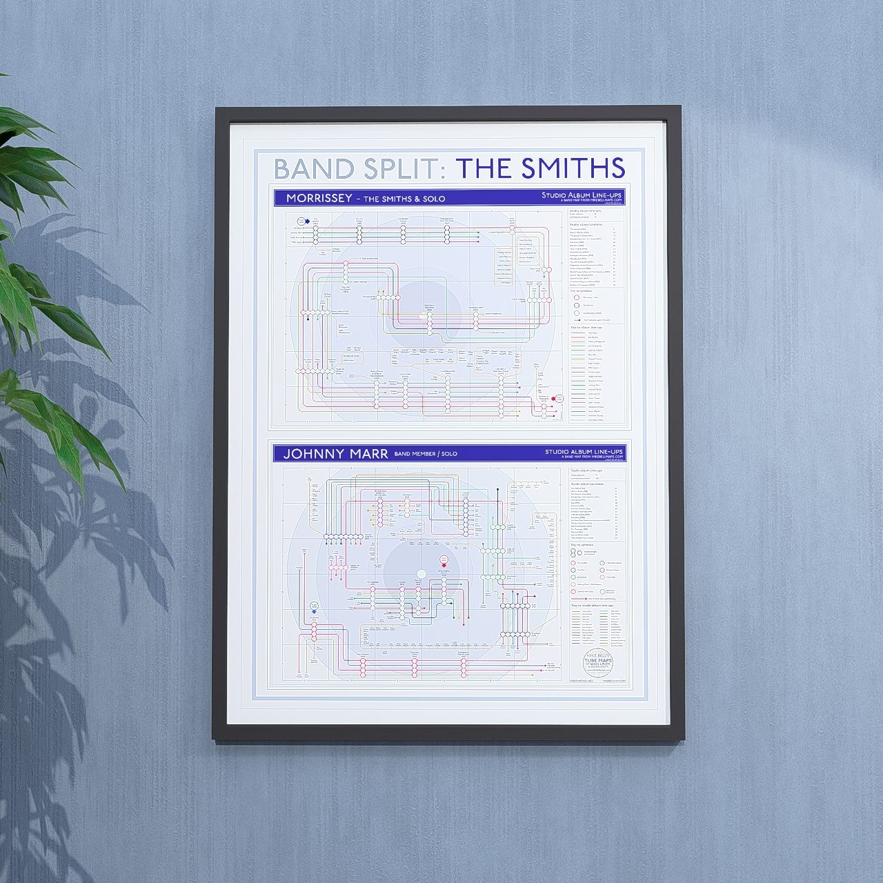 The Smiths discography tube map hung in an A1 portrait black frame, Giclée wall art print tracing all four studio albums from the 1984 debut to Strangeways, Here We Come, by Mike Bell.