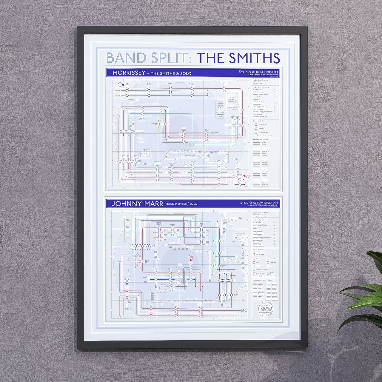 The Smiths discography tube map in A2, framed Giclée wall art print with Morrissey and Johnny Marr running as two separate halves that meet across the band years, designed by Mike Bell.