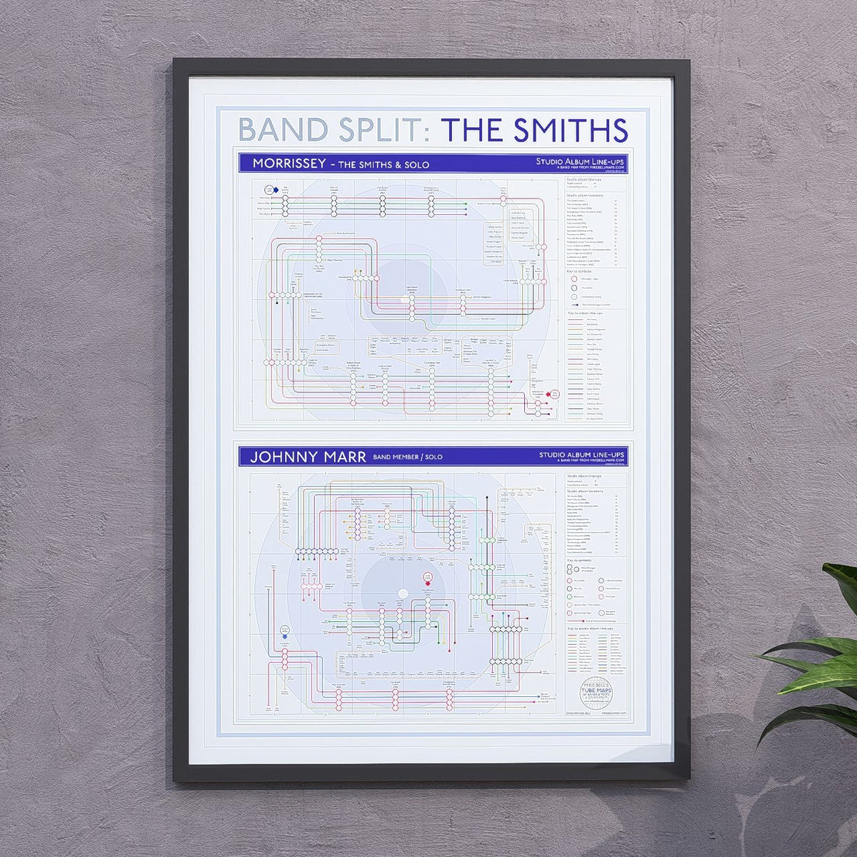 The Smiths discography tube map in A2, framed Giclée wall art print with Morrissey and Johnny Marr running as two separate halves that meet across the band years, designed by Mike Bell.