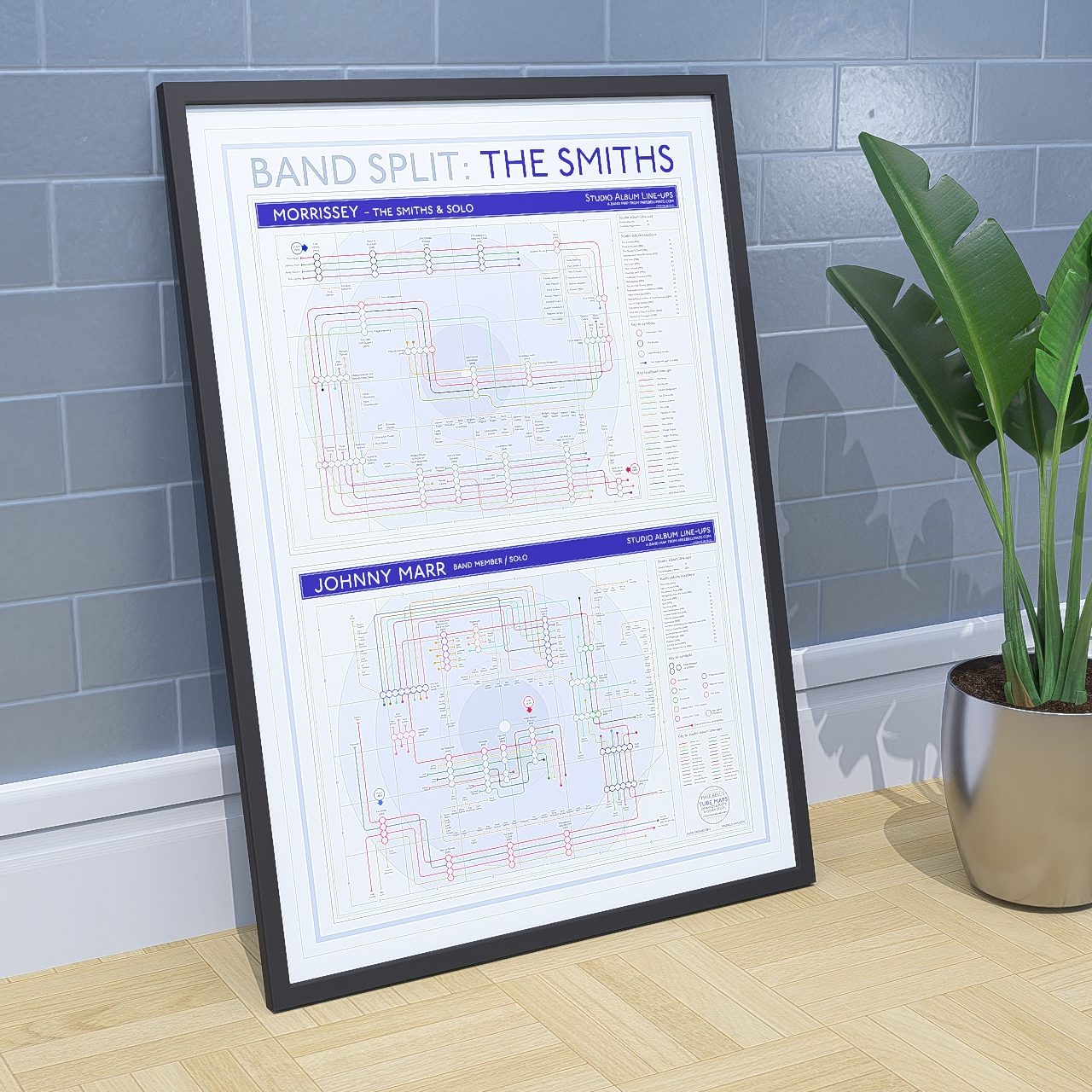 The Smiths discography tube map shown in its black wooden frame, close view of the frame profile and 230gsm textured matte Giclée paper, designed by Mike Bell.