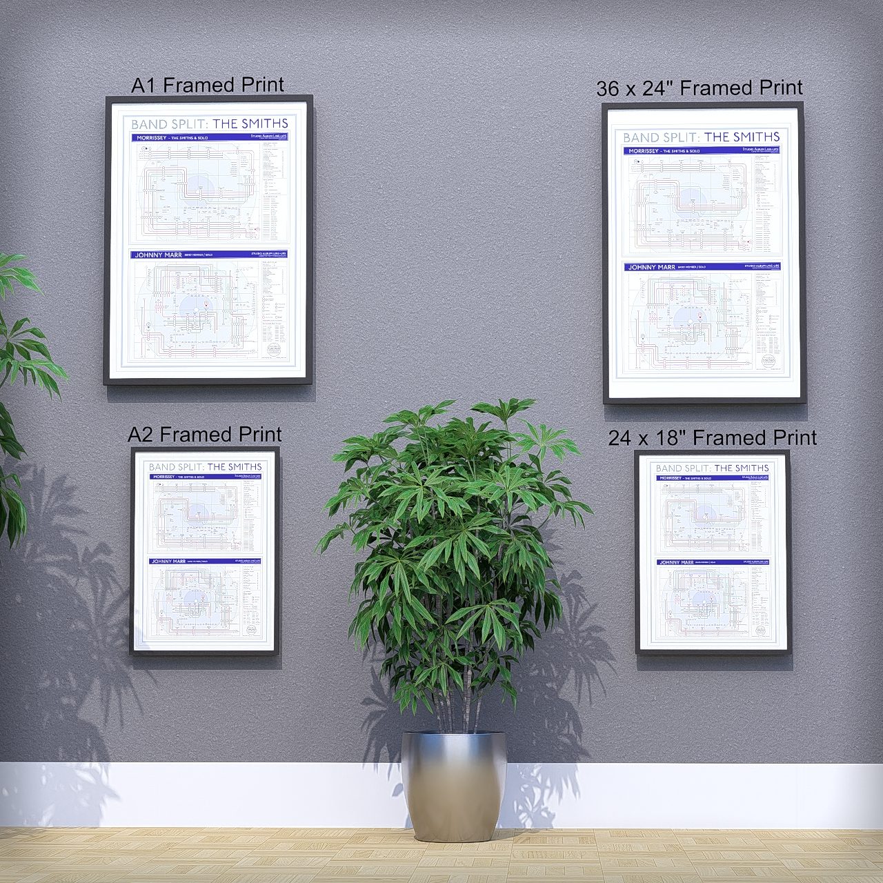 The Smiths discography tube map wall art print collection shown across the A1, A2, 24x18in and 36x24in sizes, framed and unframed options, designed by Mike Bell.