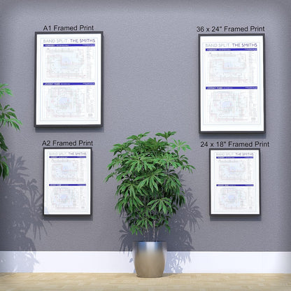 The Smiths discography tube map wall art print collection shown across the A1, A2, 24x18in and 36x24in sizes, framed and unframed options, designed by Mike Bell.